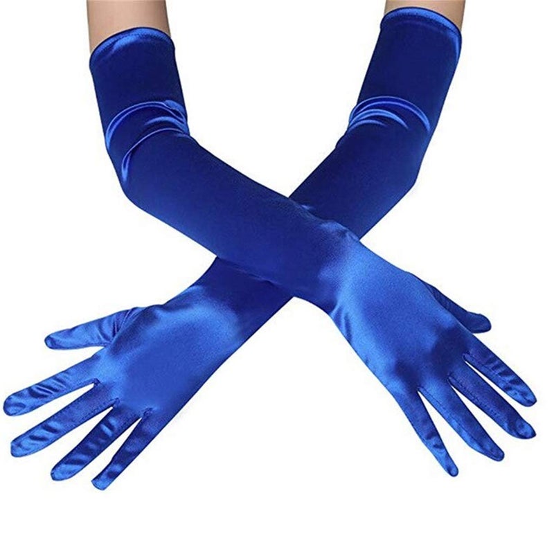 DreamHigh Women's Party Wedding 21" Long Satin Finger Gloves Blue - Image 4